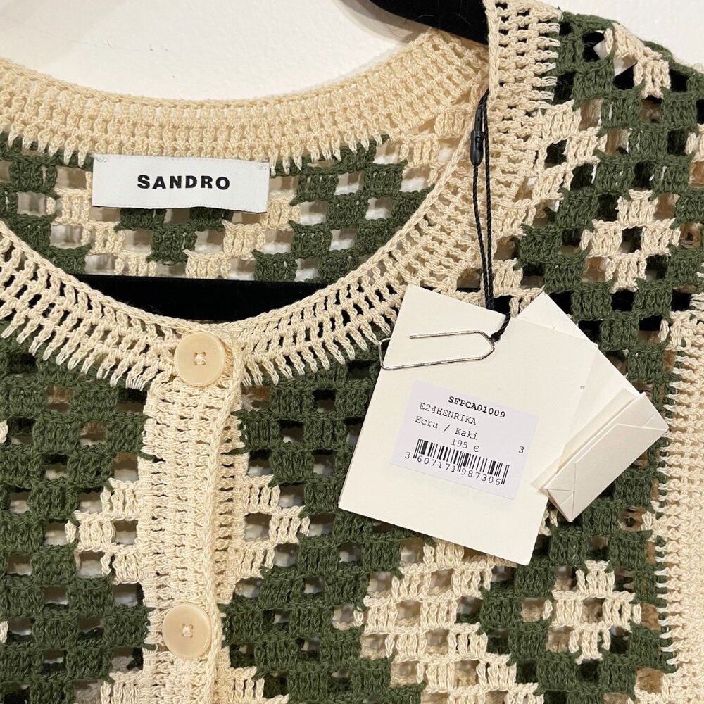 Last Call! New Sandro Henrika Geo Crochet Vest Ecru Olive Large $295 - Picture 7 of 9